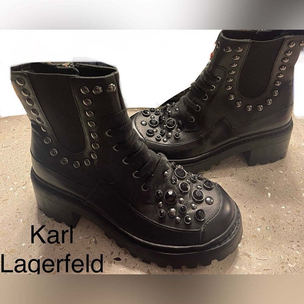 Karl Lagerfeld Black Studded Lace-Up Booties